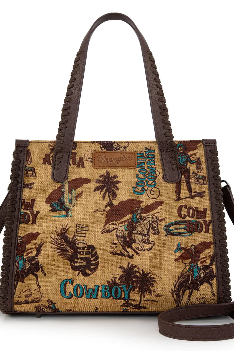 Trestles Clothing Company retro canvas cowboy satchel with Wrangler logo, whipstitch trim, and vintage Western print.